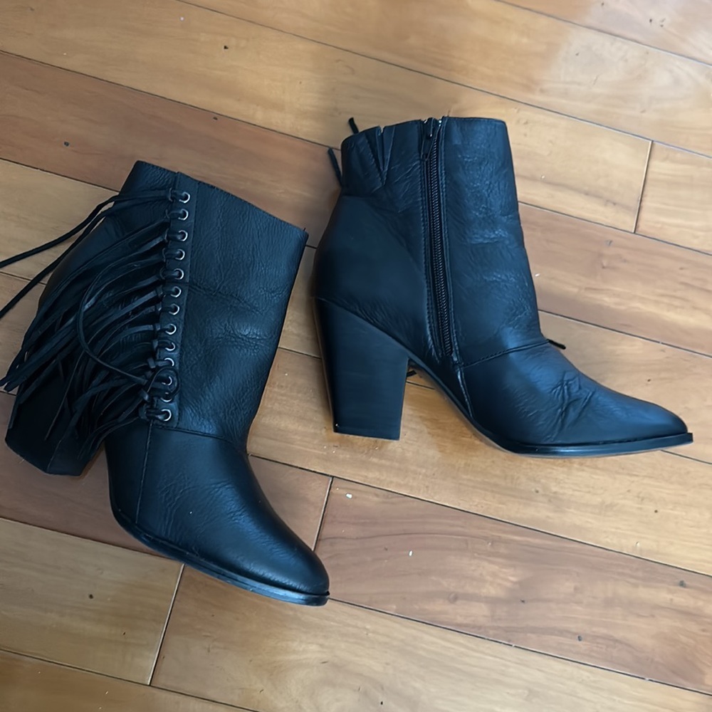Aldo black leather boots size 8 pointed toe western ankle  cow girl boot fringe